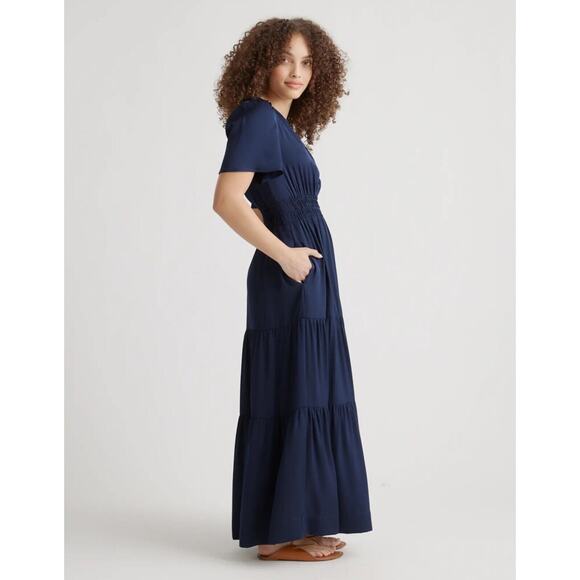 New Quince Silk Tiered Maxi Dress Women’s Medium Navy Blue Boho 3797 - Picture 3 of 10